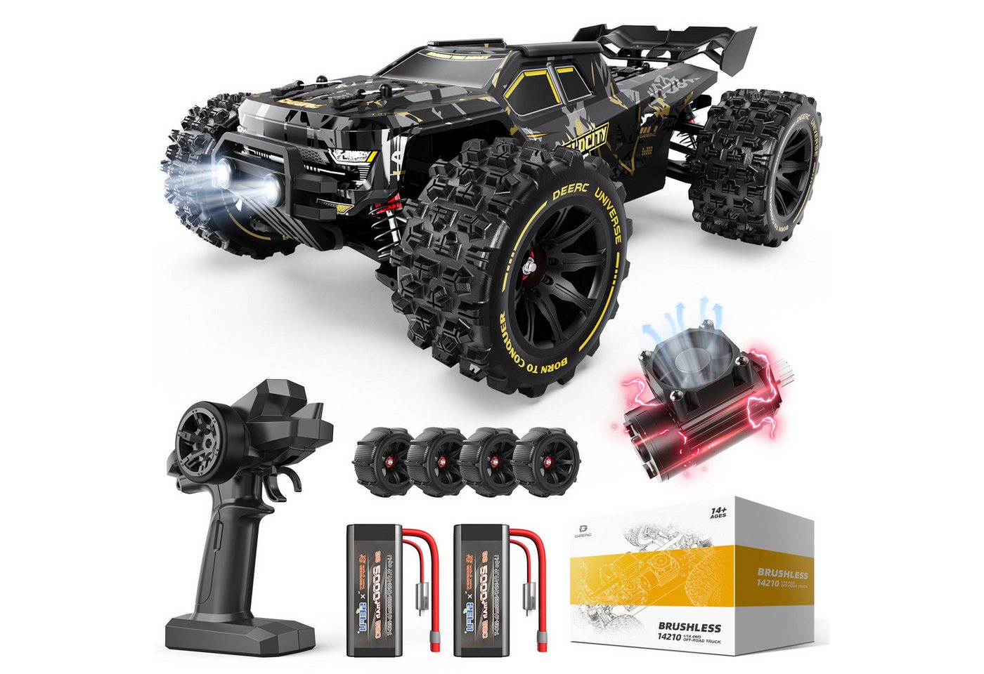 DEERC RC-Auto 1:14 RC Auto Brushless 50 km/h 4WD mit 2 Akkus für jedes Gelände