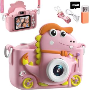 MOPUEA Fotokamera 2" Display 1080P Digitalkamera Dinosaurier 32G Karte Kinderkamera (Kinderkamera enthält 5 Klassische Spiele
